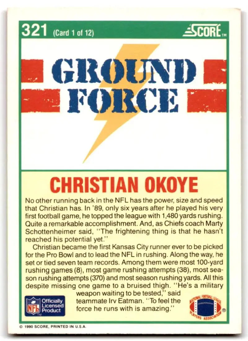 1990 Score #321 Christian Okoye NM-MT Kansas City Chiefs Football Card - Football Card Single