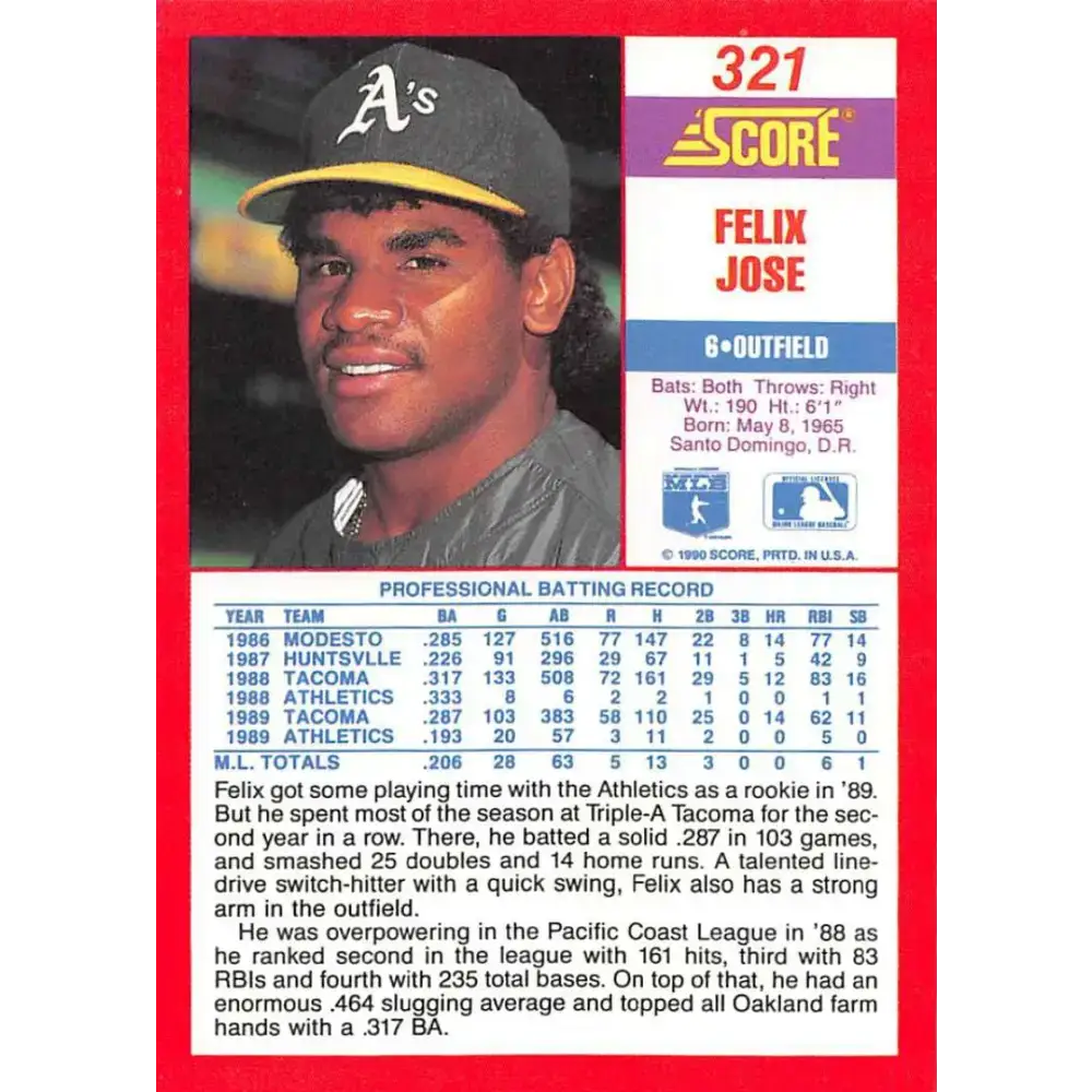 1990 Score #321 Felix Jose NM-MT Oakland Athletics Baseball Card - Baseball Card Single