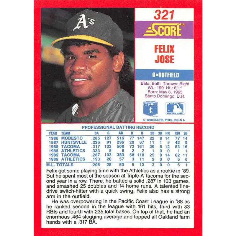 1990 Score #321 Felix Jose NM-MT Oakland Athletics Baseball Card - Baseball Card Single