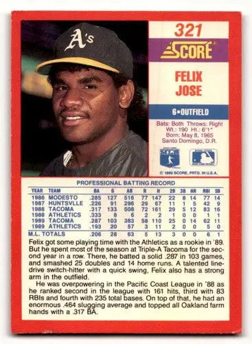 1990 Score #321 Felix Jose Oakland Athletics Baseball Cards EX/NM ID:64364 - Baseball Card Single
