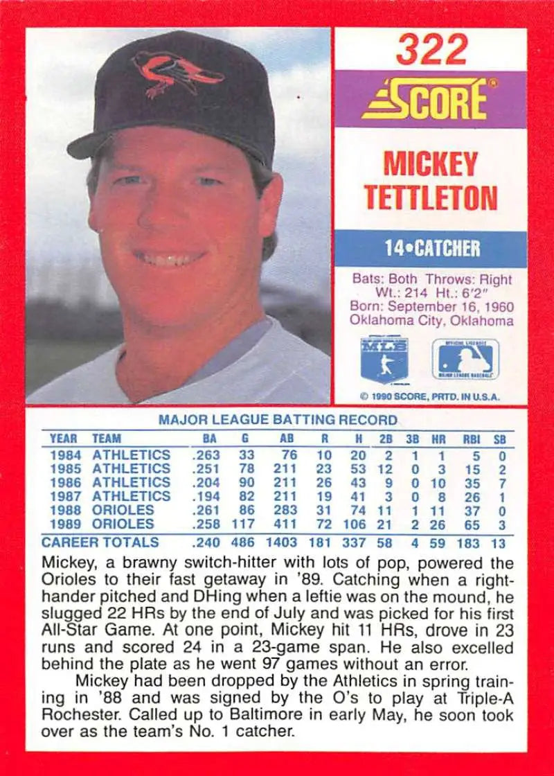 1990 Score #322 Mickey Tettleton EX Excellent Baltimore Orioles Baseball Card - Baseball Card Single