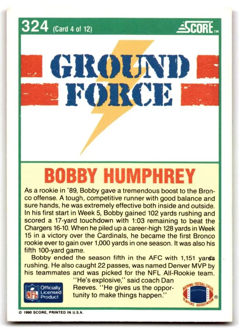 1990 Score #324 Bobby Humphrey NM-MT Denver Broncos Football Card - Football Card Single