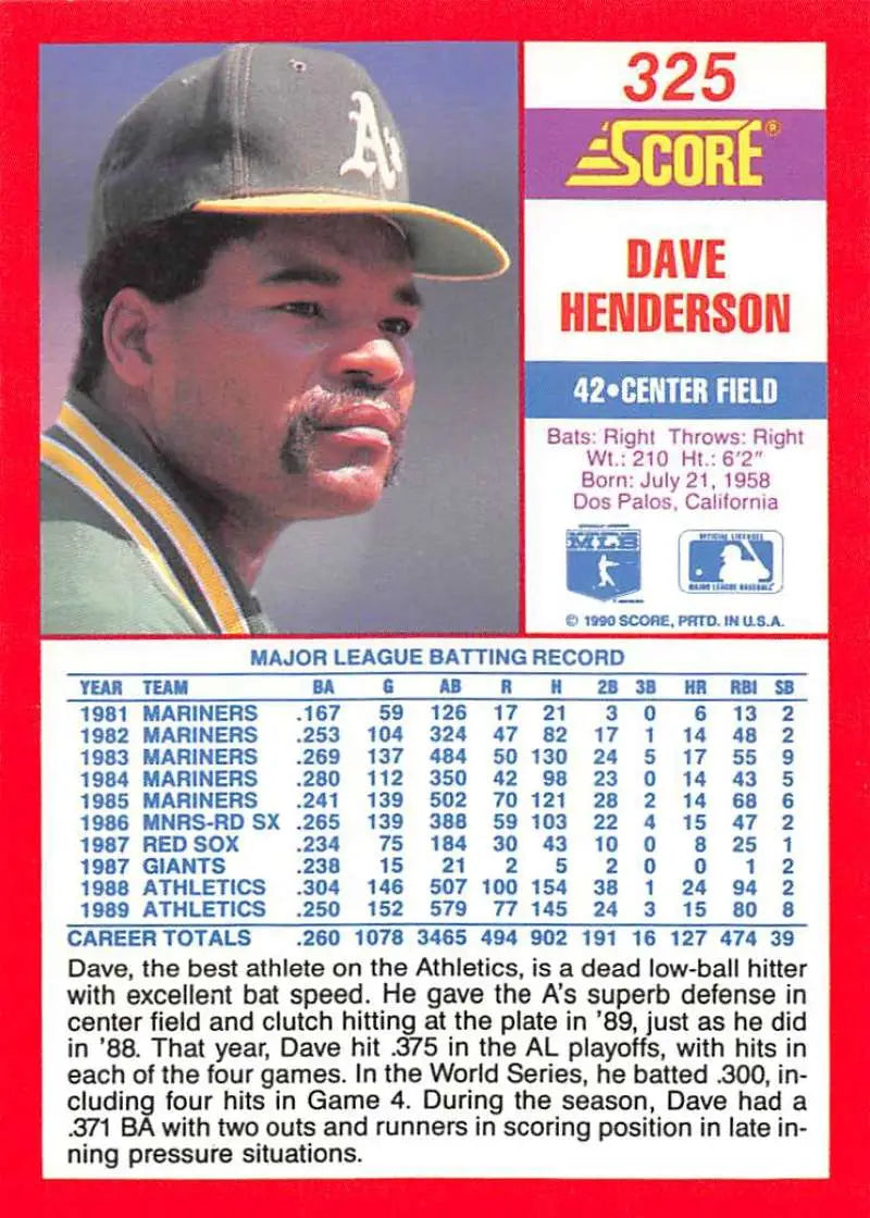 1990 Score #325 Dave Henderson EX Excellent Oakland Athletics Baseball Card - Baseball Card Single