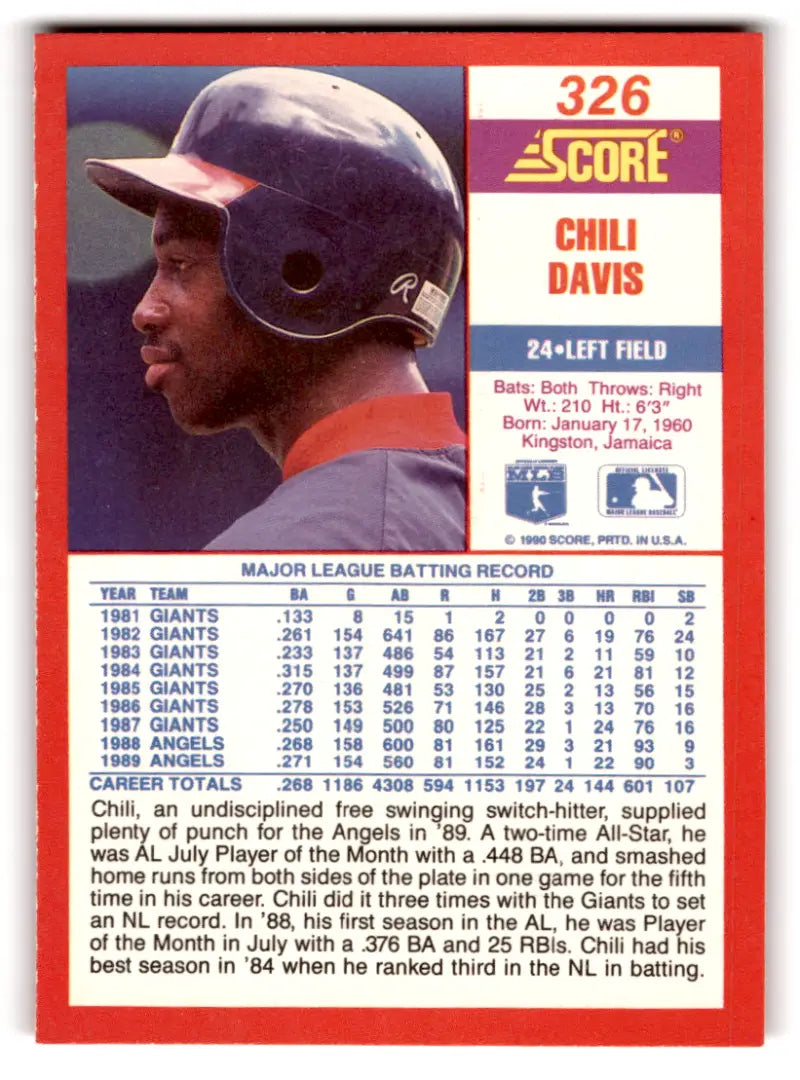 Original gloss Chili Davis baseball card 1990 Score #326 NM-MT Angels