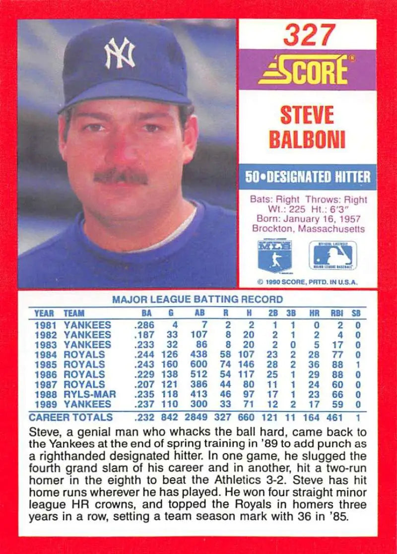 1990 Score #327 Steve Balboni EX Excellent New York Yankees Baseball Card - Baseball Card Single