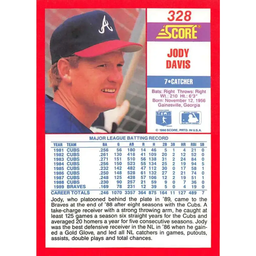 1990 Score #328 Jody Davis NM-MT Chicago Cubs Baseball Card - Baseball Card Single
