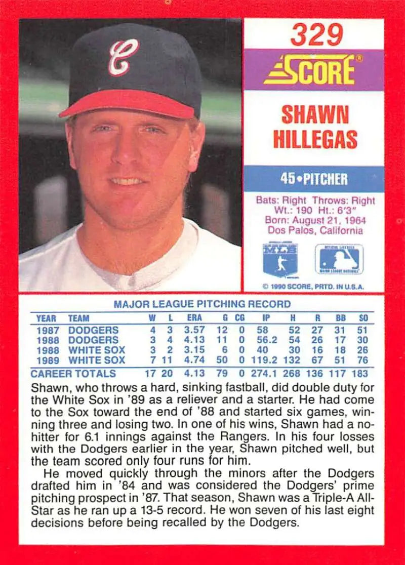 1990 Score #329 Shawn Hillegas EX Excellent Chicago White Sox Baseball Card - Baseball Card Single