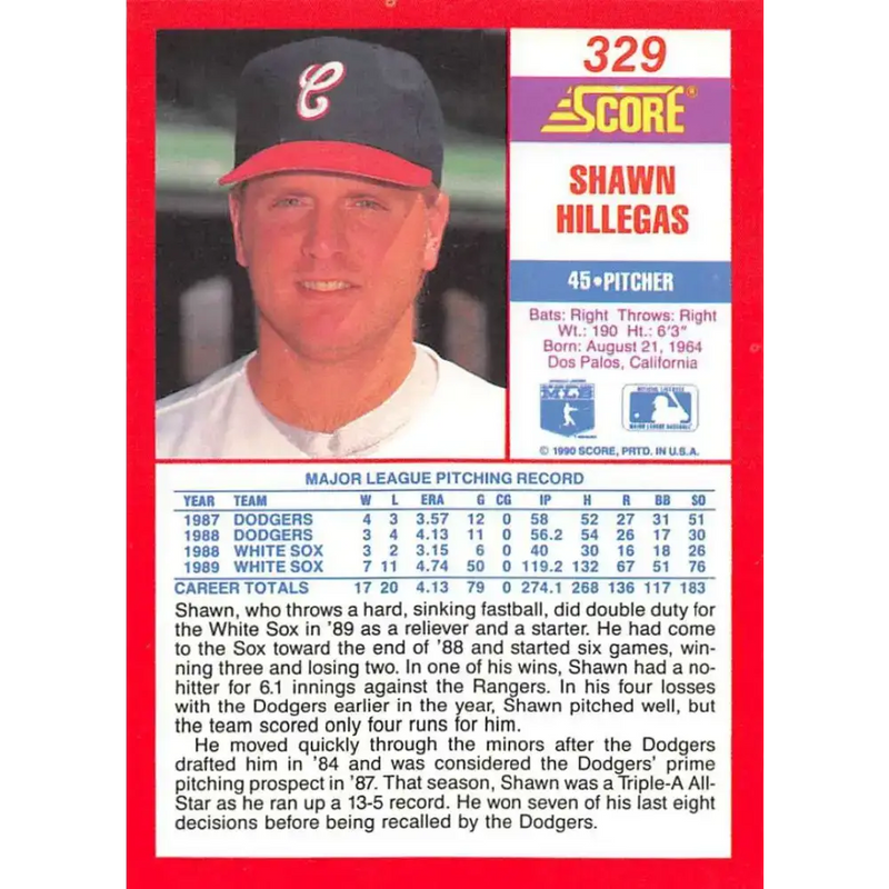 1990 Score #329 Shawn Hillegas NM-MT Chicago White Sox Baseball Card - Baseball Card Single