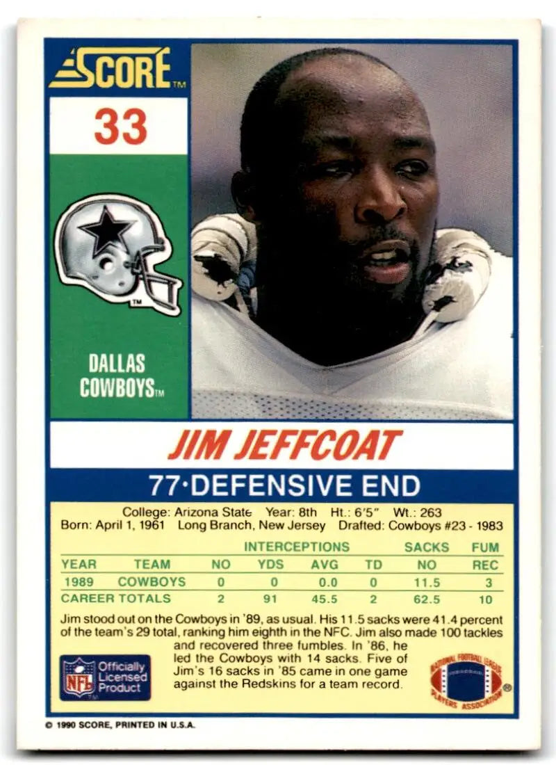 1990 Score #33 Jim Jeffcoat NM-MT Dallas Cowboys Football Card