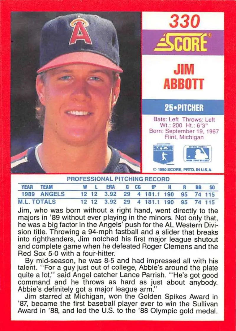 1990 Score #330 Jim Abbott EX Excellent California Angels Baseball Card - Baseball Card Single