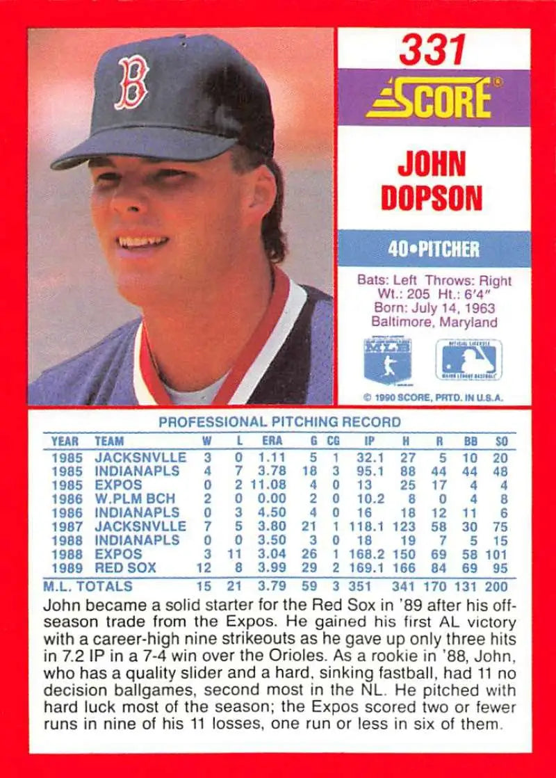 1990 Score #331 John Dopson EX Excellent Boston Red Sox Baseball Card - Baseball Card Single