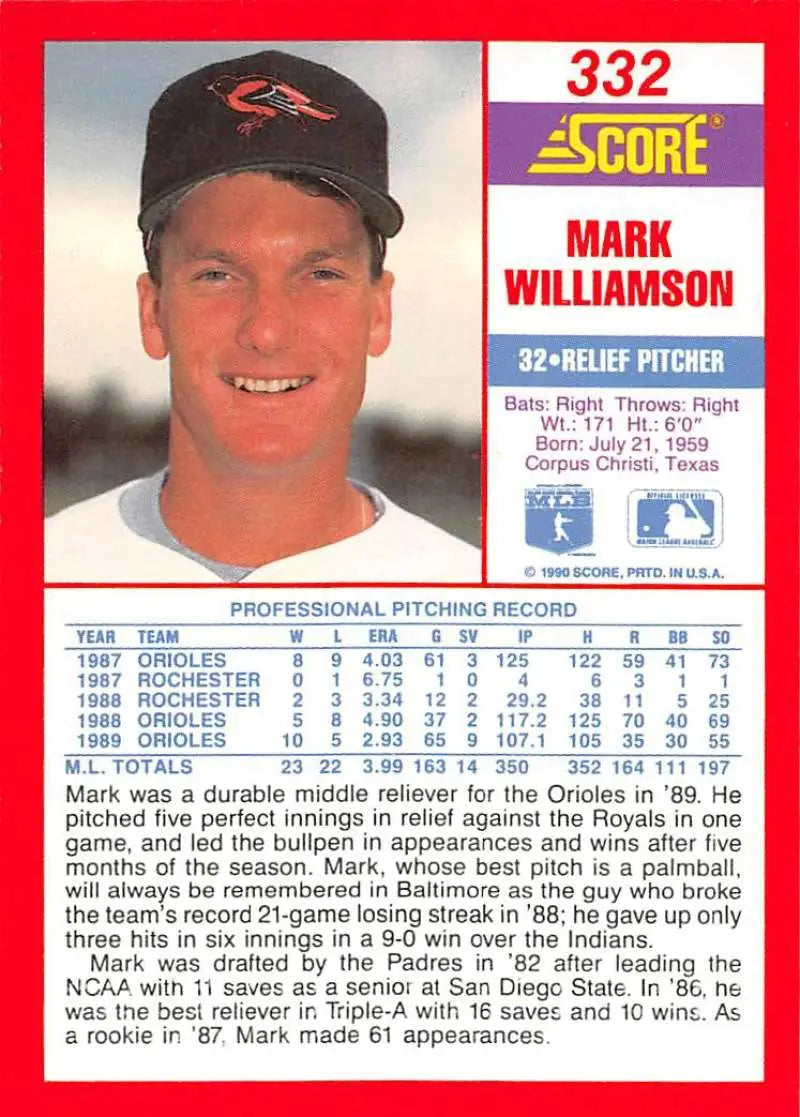 1990 Score #332 Mark Williamson EX Excellent Baltimore Orioles Baseball Card - Baseball Card Single