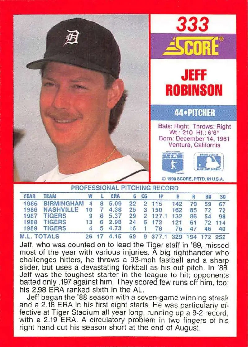 1990 Score #333 Jeff Robinson EX Excellent Detroit Tigers Baseball Card - Baseball Card Single