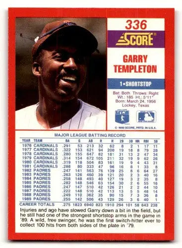 Garry Templeton baseball card 1990 Score #336 with original gloss displaying simply Sandoval