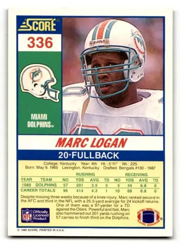 Original gloss football trading card of Marc Logan Miami Dolphins player