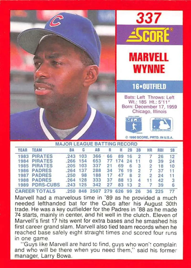 1990 Score #337 Marvell Wynne EX Excellent Chicago Cubs Baseball Card - Baseball Card Single