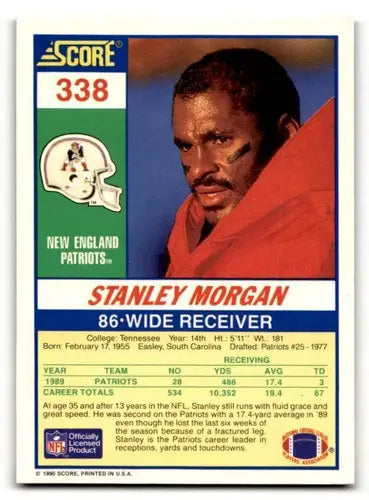 Original gloss Stanley Morgan Patriots football card from 1990 Score #338