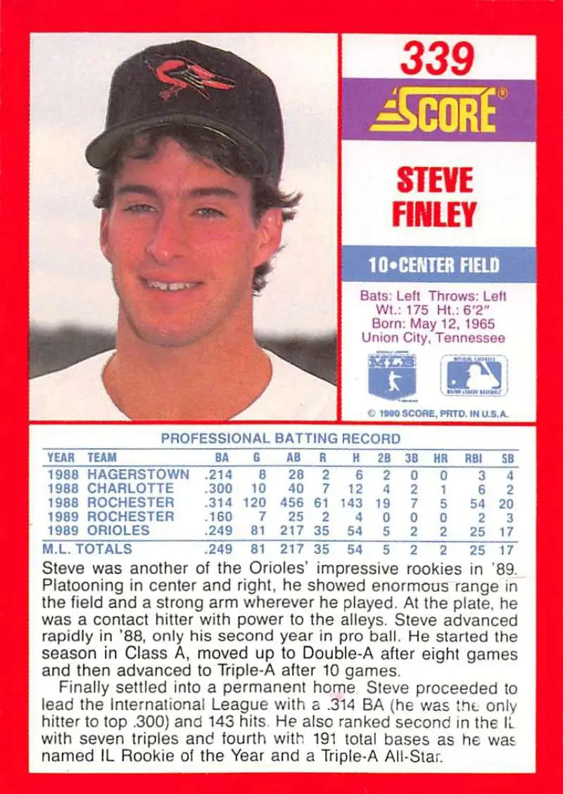 1990 Score #339 Steve Finley EX Excellent Baltimore Orioles Baseball Card - Baseball Card Single