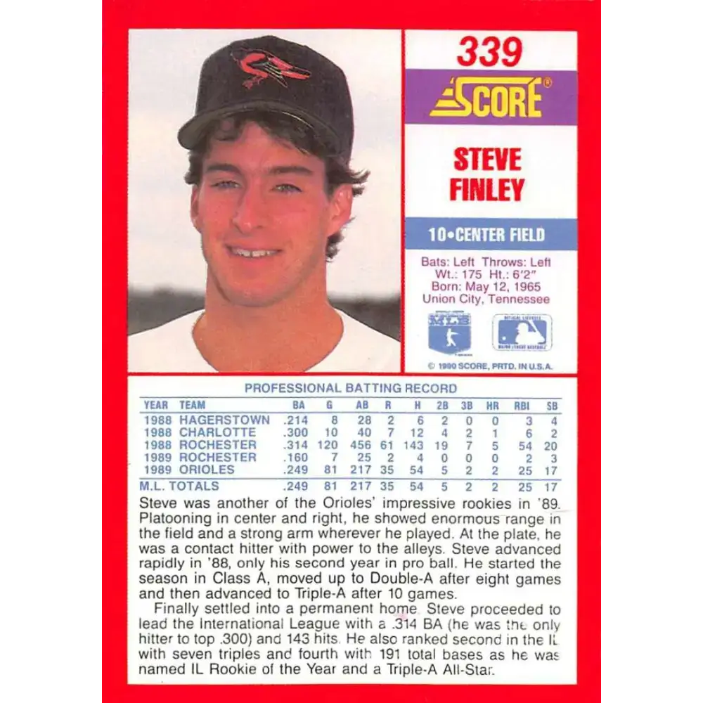 1990 Score #339 Steve Finley NM-MT Baltimore Orioles Baseball Card - Baseball Card Single