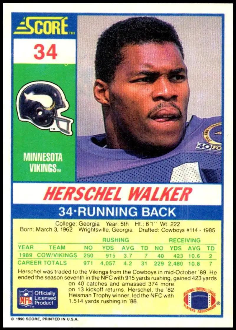 1990 Score #34 Herschel Walker NM-MT Minnesota Vikings Football Card - Football Card Single