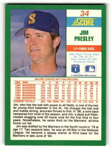 Original gloss Jim Presley Seattle Mariners baseball card from 1990 Score #34