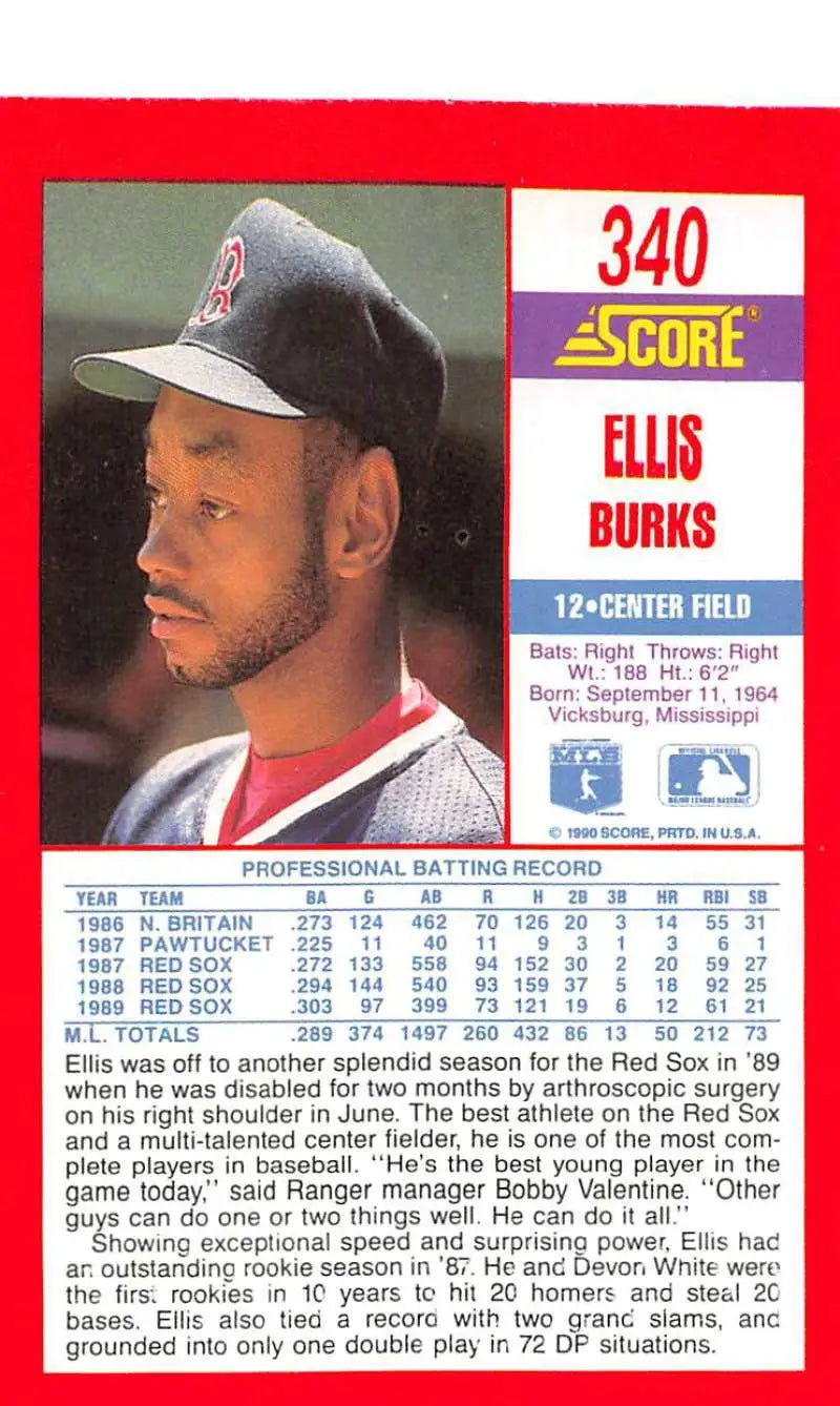 1990 Score #340 Ellis Burks EX Excellent Boston Red Sox Baseball Card - Baseball Card Single
