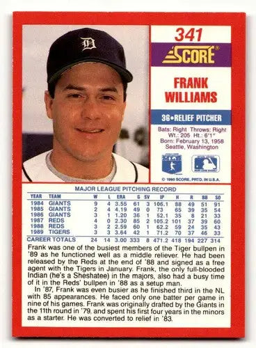 Original gloss Frank Williams baseball card from 1990 Score #341 featuring Simply Sandoval