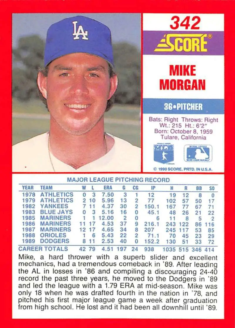 1990 Score #342 Mike Morgan EX Excellent Los Angeles Dodgers Baseball Card - Baseball Card Single