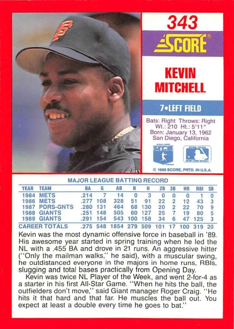 1990 Score #343 Kevin Mitchell EX Excellent San Francisco Giants Baseball Card - Baseball Card Single