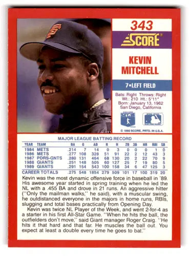 1990 Score #343 Kevin Mitchell NM-MT Giants ID:70032 - Baseball Card Single