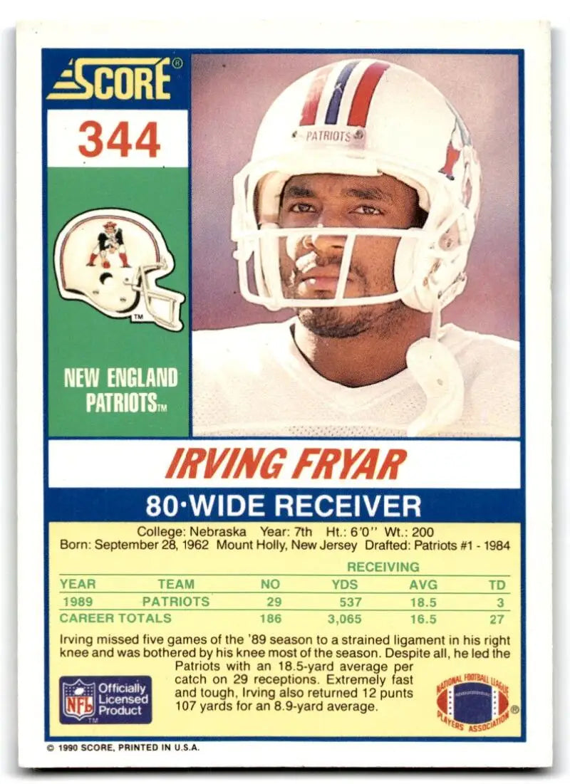 1990 Score #344 Irving Fryar NM-MT New England Patriots Football Card - Football Card Single