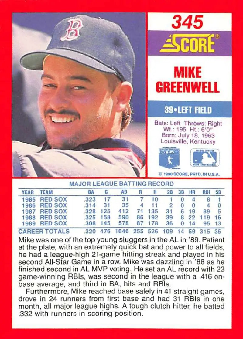 1990 Score #345 Mike Greenwell EX Excellent Boston Red Sox Baseball Card - Baseball Card Single