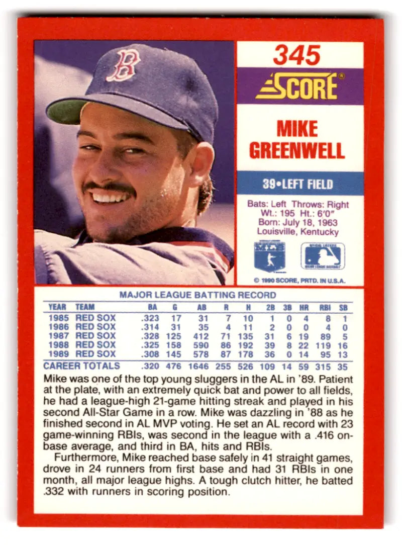 1990 Score #345 Mike Greenwell NM-MT Red Sox ID:70082 - Baseball Card Single