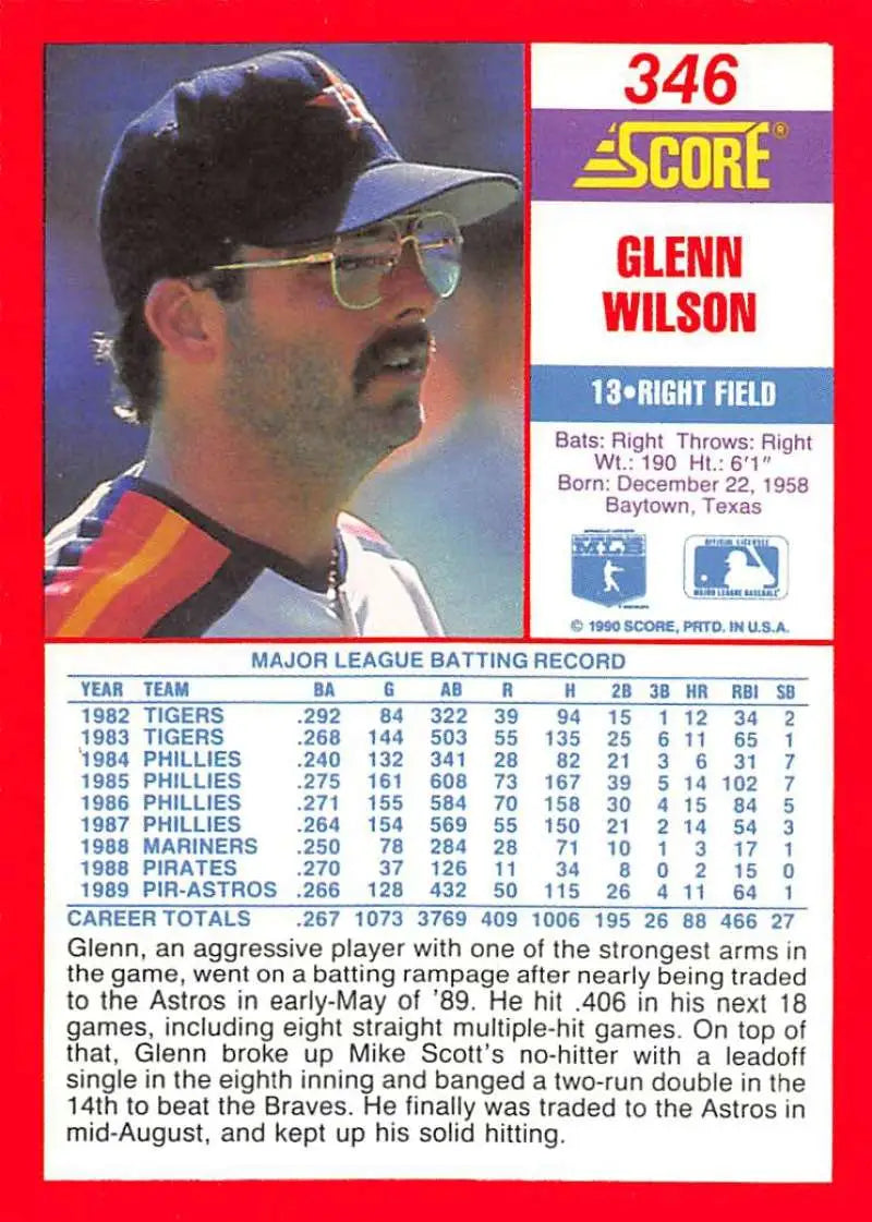 1990 Score #346 Glenn Wilson EX Excellent Houston Astros Baseball Card - Baseball Card Single