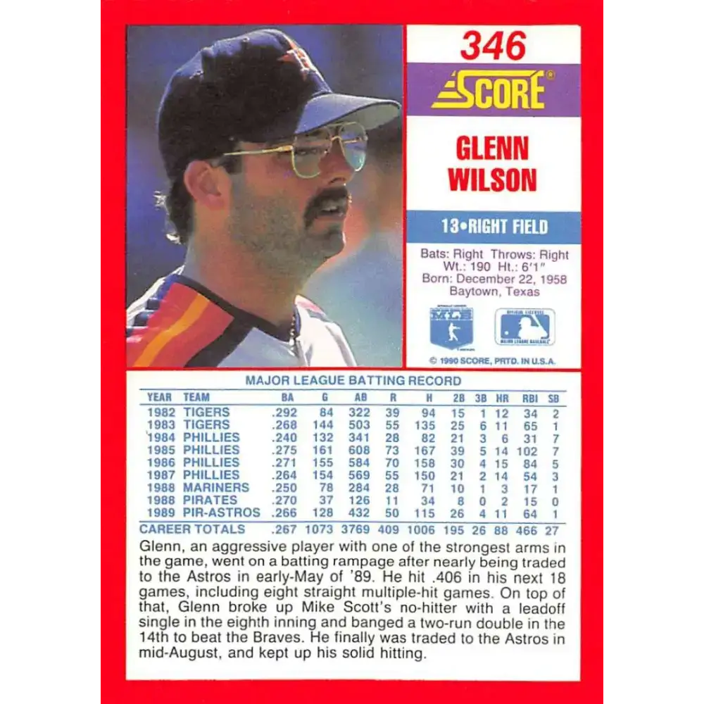 1990 Score #346 Glenn Wilson NM-MT Houston Astros Baseball Card - Baseball Card Single