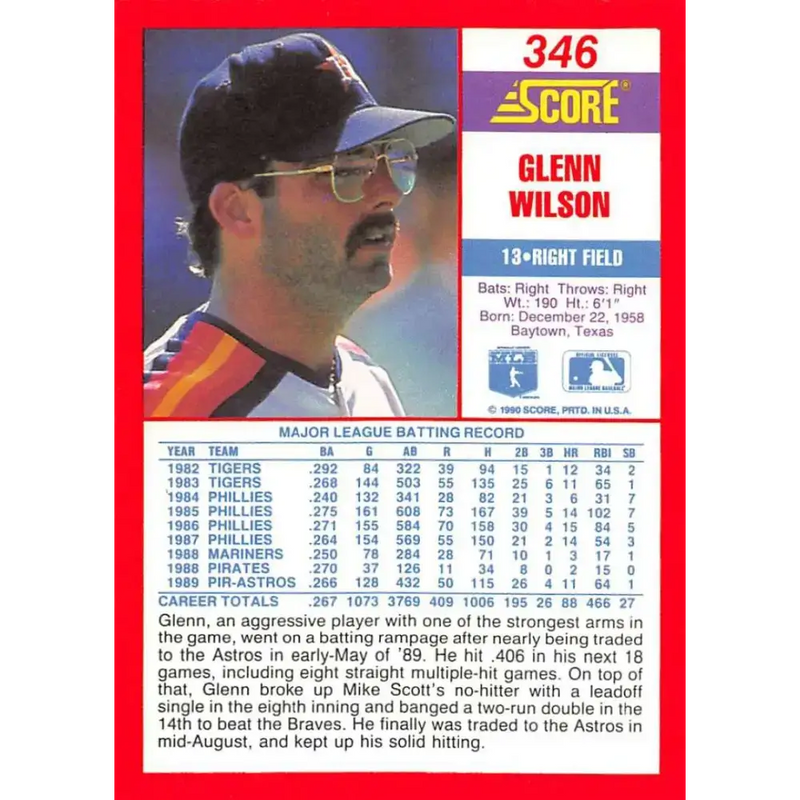 1990 Score #346 Glenn Wilson NM-MT Houston Astros Baseball Card - Baseball Card Single