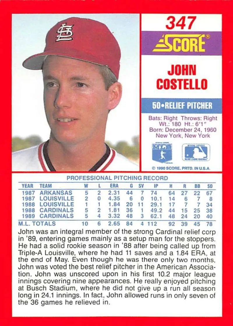 1990 Score #347 John Costello EX Excellent St. Louis Cardinals Baseball Card - Baseball Card Single