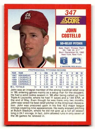 Original gloss baseball card featuring John Costello from 1990 Score #347