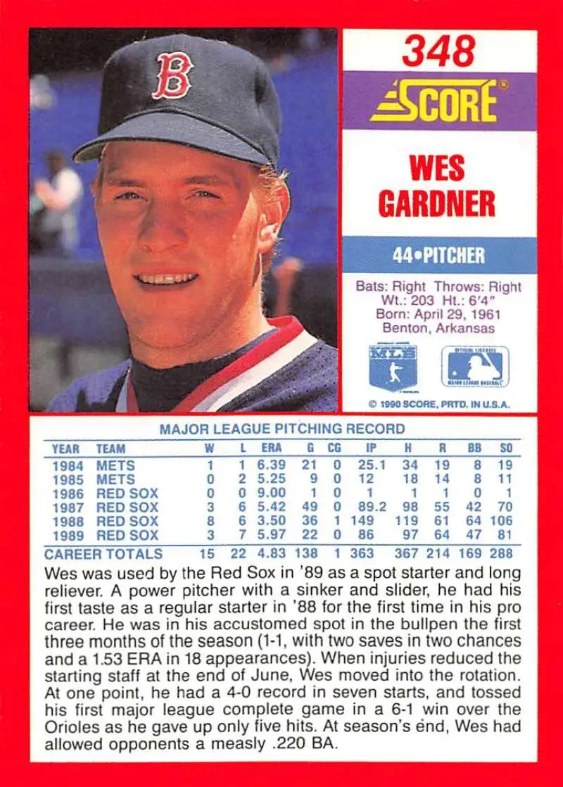 1990 Score #348 Wes Gardner EX Excellent Boston Red Sox Baseball Card - Baseball Card Single