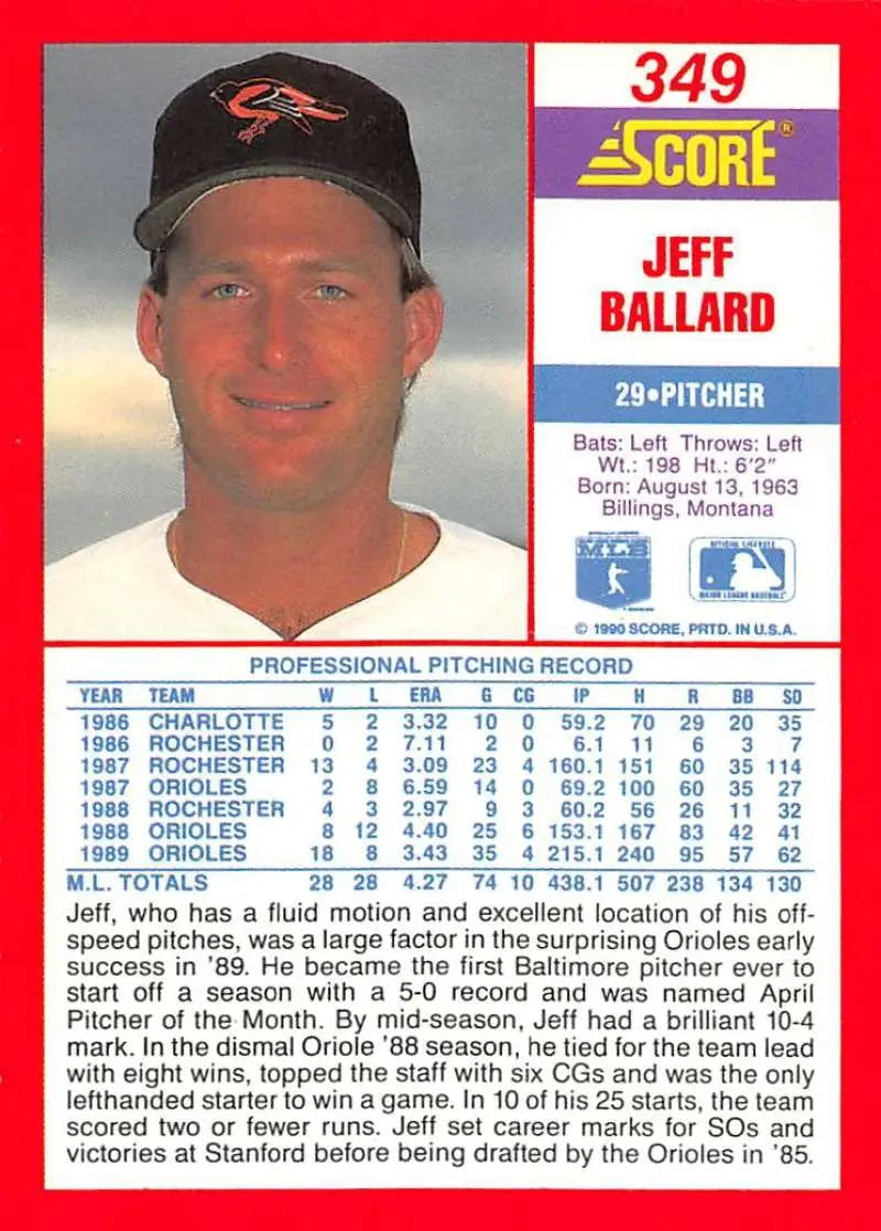 1990 Score #349 Jeff Ballard EX Excellent Baltimore Orioles Baseball Card - Baseball Card Single
