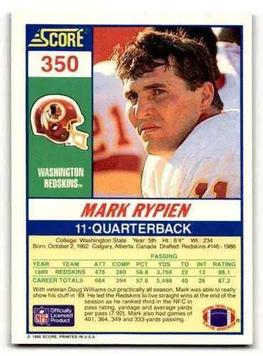 Original gloss Mark Rypien Redskins football card from 1990 Score #350 in excellent condition
