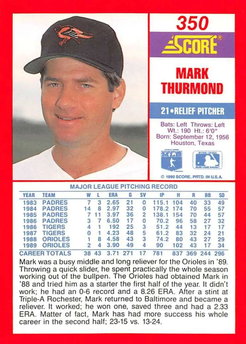 1990 Score #350 Mark Thurmond EX Excellent Baltimore Orioles Baseball Card - Baseball Card Single