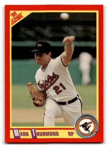 Original gloss Mark Thurmond baseball card from 1990 Score #350 featuring Simply Sandoval