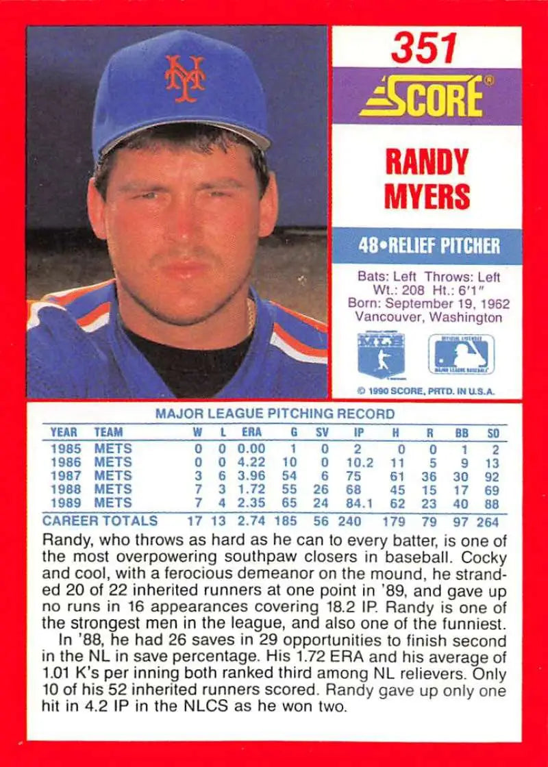 1990 Score #351 Randy Myers EX Excellent New York Mets Baseball Card - Baseball Card Single