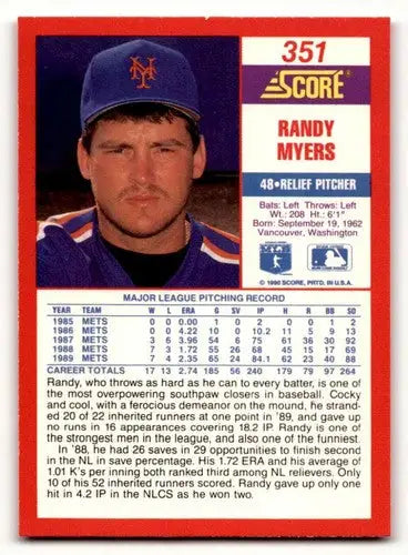 Original gloss Randy Myers baseball card from 1990 Score #351 featuring Simply Sandoval