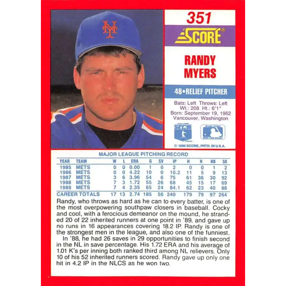 1990 Score #351 Randy Myers NM-MT New York Mets Baseball Card - Baseball Card Single