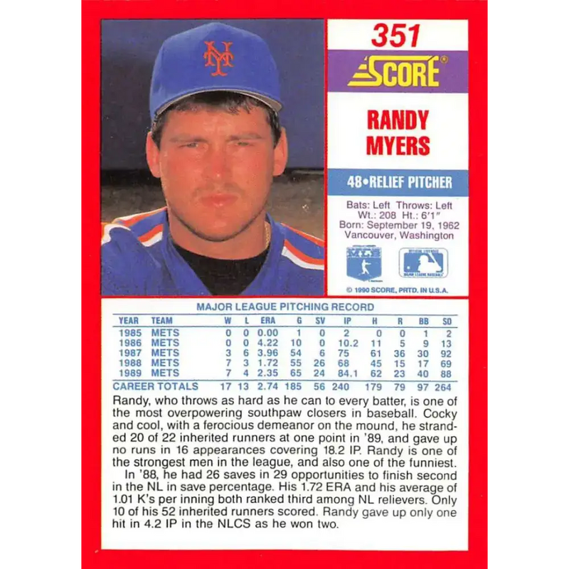 1990 Score #351 Randy Myers NM-MT New York Mets Baseball Card - Baseball Card Single