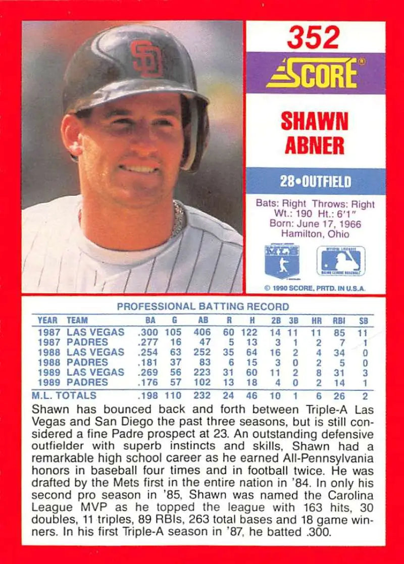 1990 Score #352 Shawn Abner EX Excellent San Diego Padres Baseball Card - Baseball Card Single