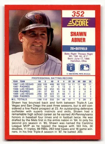 1990 Score #352 Shawn Abner ID:46401 - Baseball Card Single