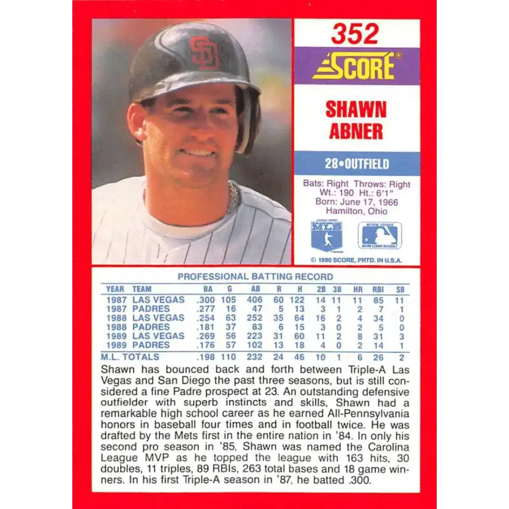 1990 Score #352 Shawn Abner NM-MT San Diego Padres Baseball Card - Baseball Card Single
